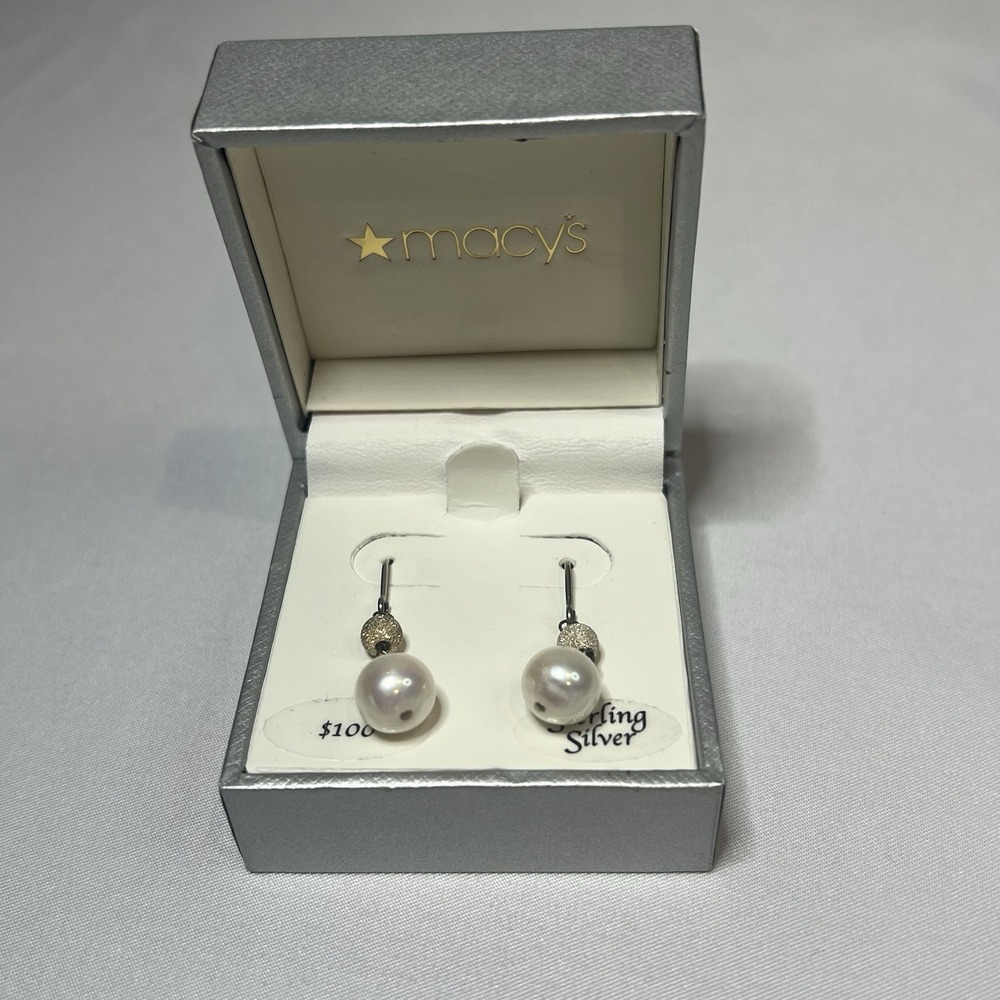 NWT Sterling Silver Pearl Earrings Macy's Glitter Drop Cultured Quality Jewelry
